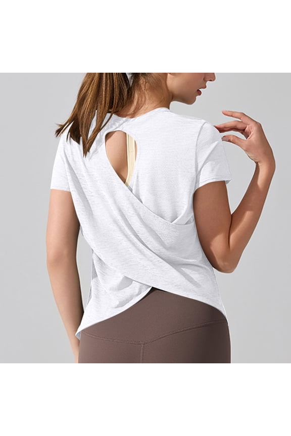 Women's Quick Dry Back Cutout Twist Cross Yoga Workout T-Shirt Short Sleeve Irregular Hem – Soft Poly