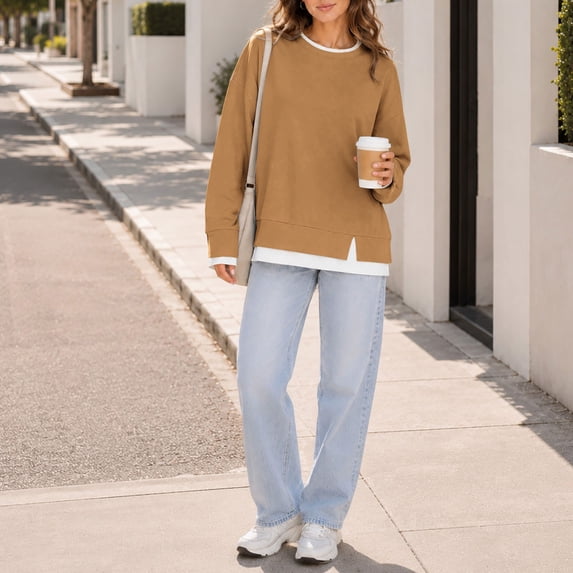 IUYRTFE Women's Relaxed Crew Neck Sweatshirt Long Sleeve Pullover with Contrast Trim Casual Layered Look Top