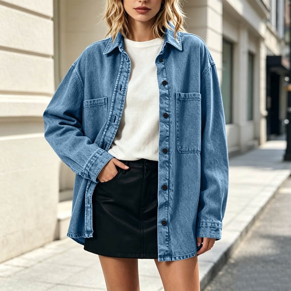 IUYRTFE Women's Retro Button Down Denim Jacket Long Sleeve Collared Shacket with Pockets Casual Oversized Outerwear