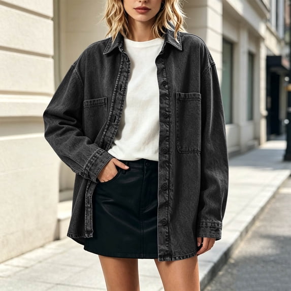 IUYRTFE Women's Retro Button Down Denim Jacket Long Sleeve Collared Shacket with Pockets Casual Oversized Outerwear