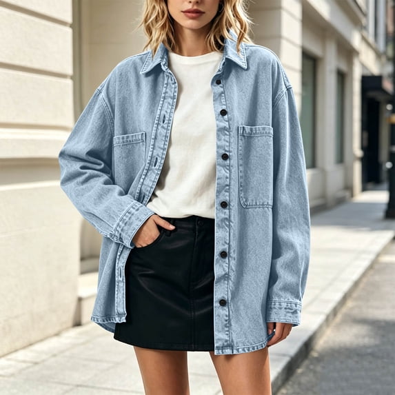 IUYRTFE Women's Retro Button Down Denim Jacket Long Sleeve Collared Shacket with Pockets Casual Oversized Outerwear