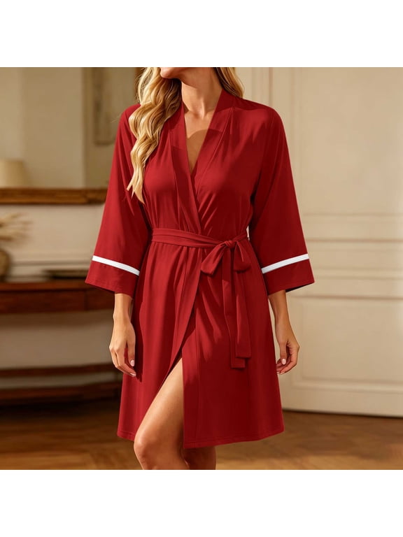 Women's Robe with Pockets Tie Waist 3/4 Sleeve Quick Dry Bathrobe