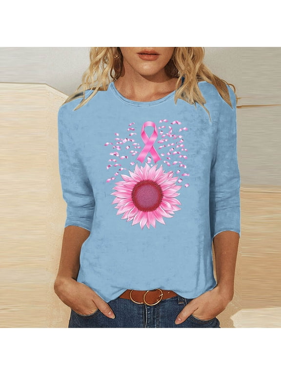 Women's Round Neck 3/4 Sleeve Breast Cancer Awareness Graphic Top Casual Support T-Shirt