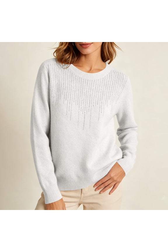 Women's Round Neck Rhinestone Embellished Knit Sweater – Long Sleeve Crew Neck Pullover Top for Fall Winter Casual Daily Wear