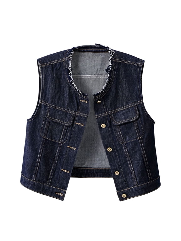 Women's Round Neck Sleeveless Denim Vest Button Front Pocket Jean Jacket Top