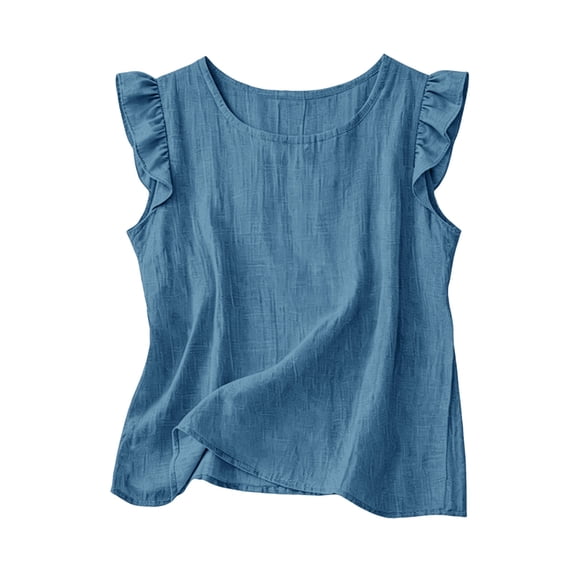 IUYRTFE Women's Ruffle Sleeve Round Neck Tank Top 100% Cotton Linen Loose Fit Summer Casual Blouse