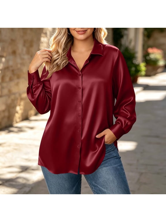 Women's Satin Button Down Shirt Long Sleeve Collared Blouse Plus Size Casual Top