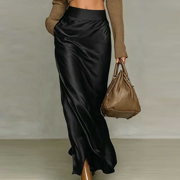IUYRTFE Women's Satin Maxi Skirt Solid Color High Waist Ruched Side Slit Casual Flowy Long Skirt