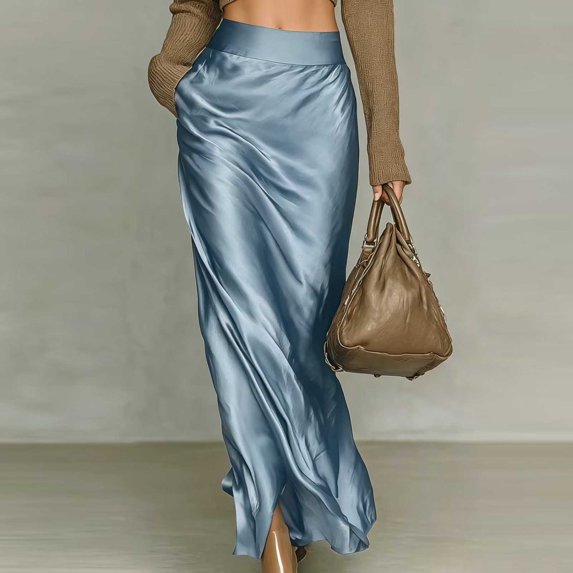 IUYRTFE Women's Satin Maxi Skirt Solid Color High Waist Ruched Side Slit Casual Flowy Long Skirt