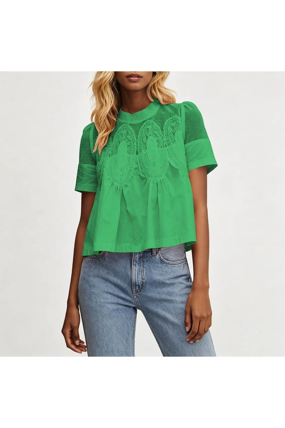 Women's Scalloped Crew Neck Short Sleeve Top Embroidery Mesh Patchwork Loose Fit Summer Casual Blouse