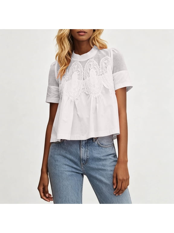 Women's Scalloped Crew Neck Short Sleeve Top Embroidery Mesh Patchwork Loose Fit Summer Casual Blouse