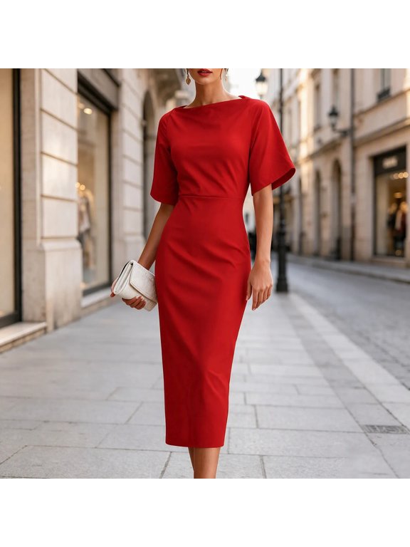 Women's Sheath Dress, 95% Polyester 5% Elastane Regular Fit Short Sleeve Off Shoulder Midi