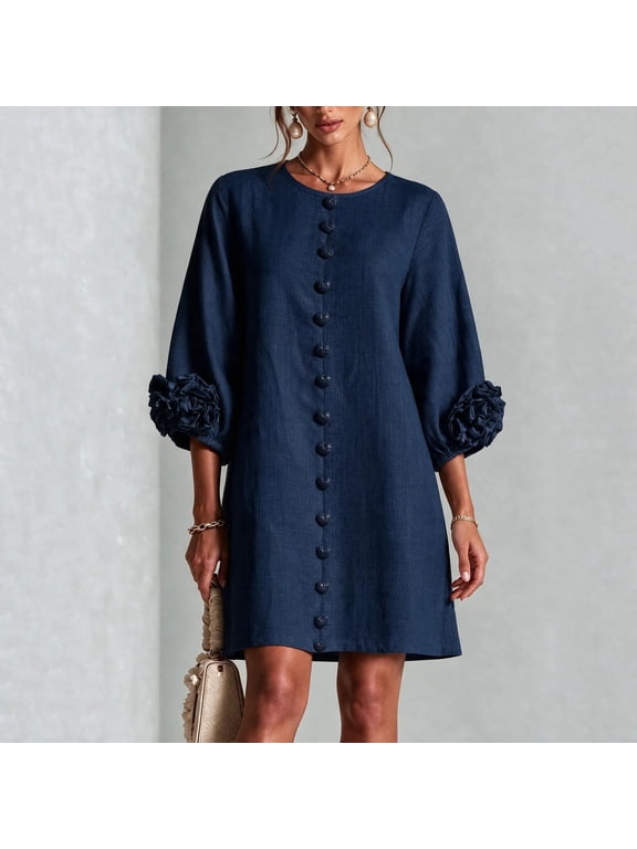 Women's Shift Dress, 95% Polyester 5% Elastane Loose Fit Bubble Sleeve Button Front