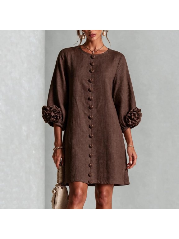 Women's Shift Dress, 95% Polyester 5% Elastane Loose Fit Bubble Sleeve Button Front