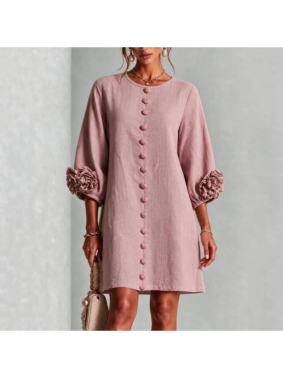 IUYRTFE Women's Shift Dress, 95% Polyester 5% Elastane Loose Fit Bubble Sleeve Button Front