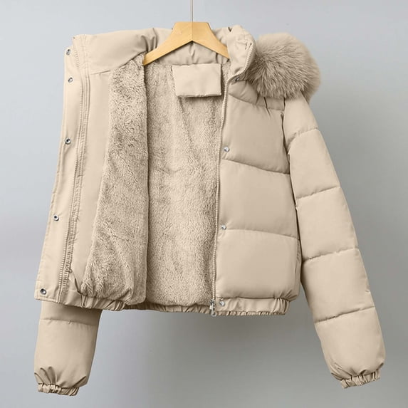 IUYRTFE Women's Short Puffer Jacket Hooded Zip Up Padded Winter Coat with Pockets Solid Color Casual Outerwear