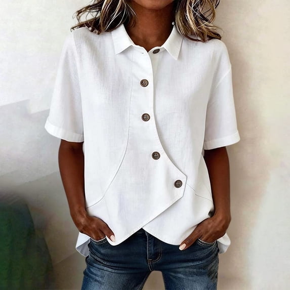 IUYRTFE Women's Short Sleeve Asymmetrical Button Down Shirt Collared Linen Feel Summer Casual Blouse with Irregular Hem