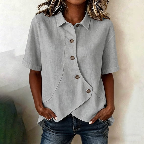 IUYRTFE Women's Short Sleeve Asymmetrical Button Down Shirt Collared Linen Feel Summer Casual Blouse with Irregular Hem