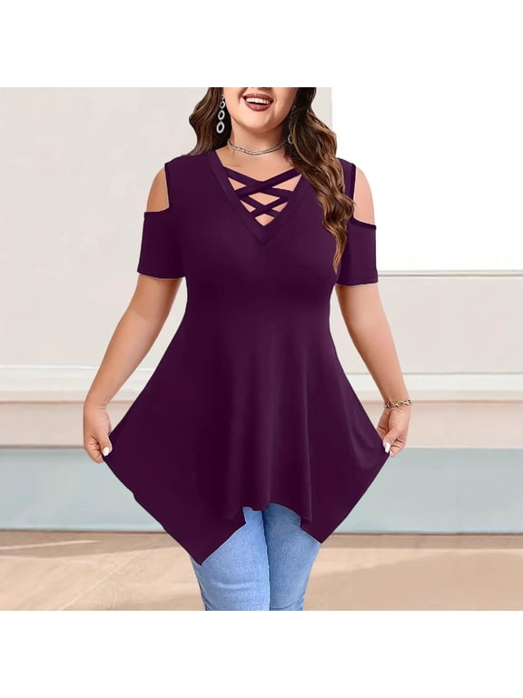 Women's Short Sleeve Cold Shoulder Crisscross V Neck Top Loose Fit Summer Casual Asymmetrical Tunic