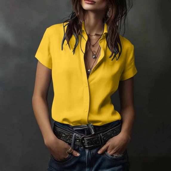 IUYRTFE Women's Short Sleeve Collared Button Down Shirt Relaxed Fit Stretch Casual Summer Blouse