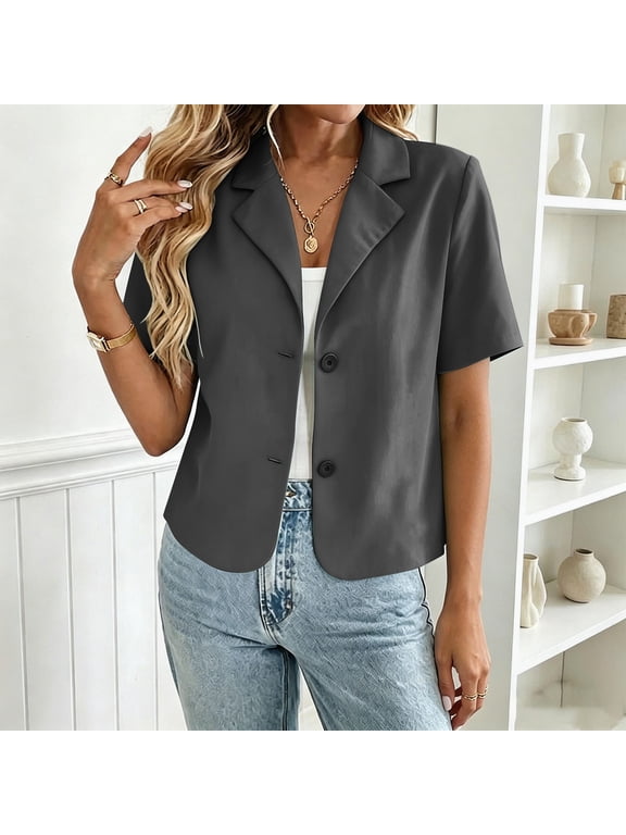 Women's Short Sleeve Open Front Blazer Lightweight Stretch Casual Workwear Jacket