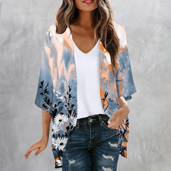 IUYRTFE Women's Short Sleeve Open Front Kimono Cardigan Floral Abstract Print Loose Fit Summer Beach Cover Up