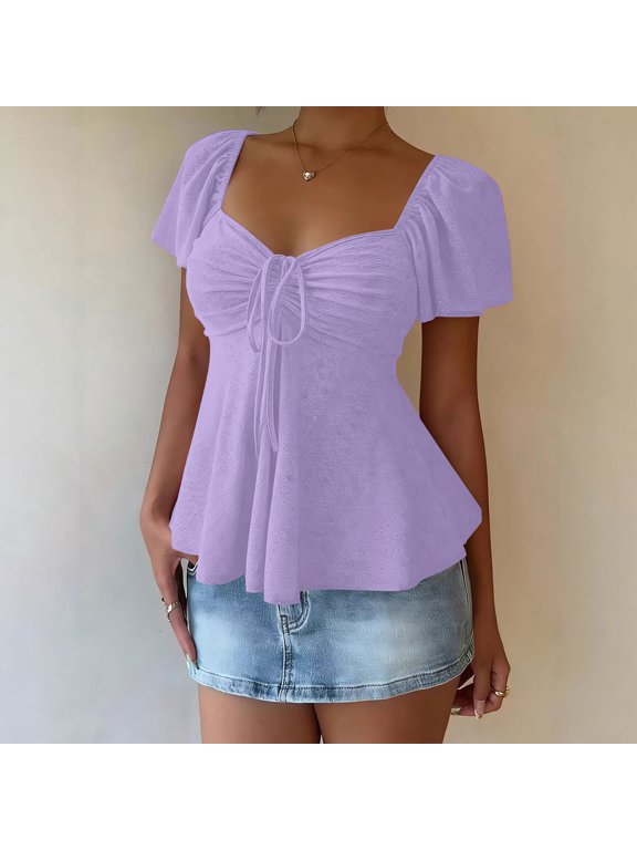 IUYRTFE Women's Short Sleeve Sweetheart Neck Drawstring Ruched Peplum Top Summer Casual A Line Blouse