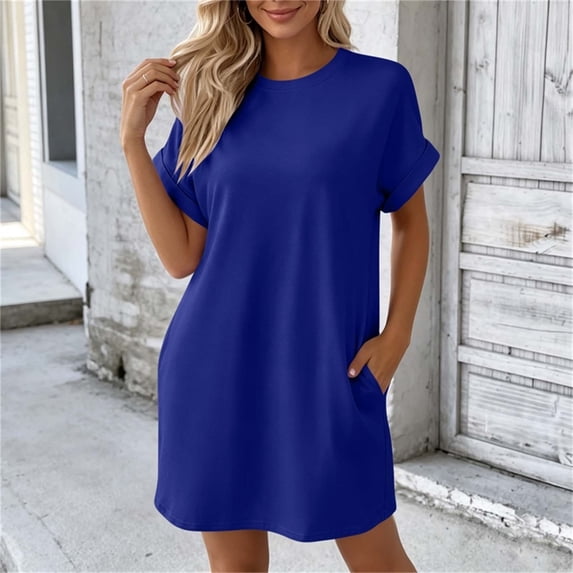 IUYRTFE Women's Short Sleeve T-Shirt Dress Round Neck Casual Pocket Loose Fit Midi Dress