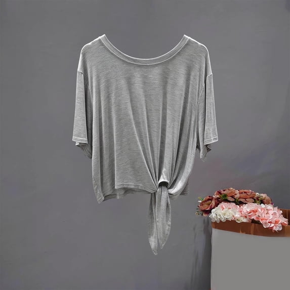 IUYRTFE Women's Short Sleeve Tie Front Top Loose Fit Casual Summer Blouse with Knot Hem