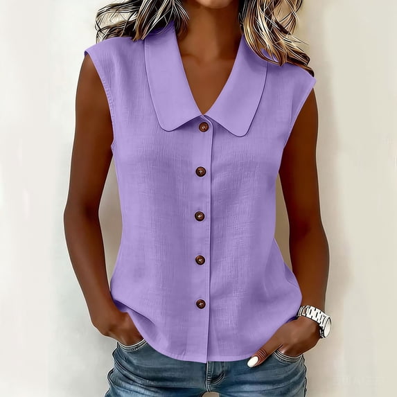 IUYRTFE Women's Sleeveless Collared Button Down Blouse Casual Solid Color Summer Top
