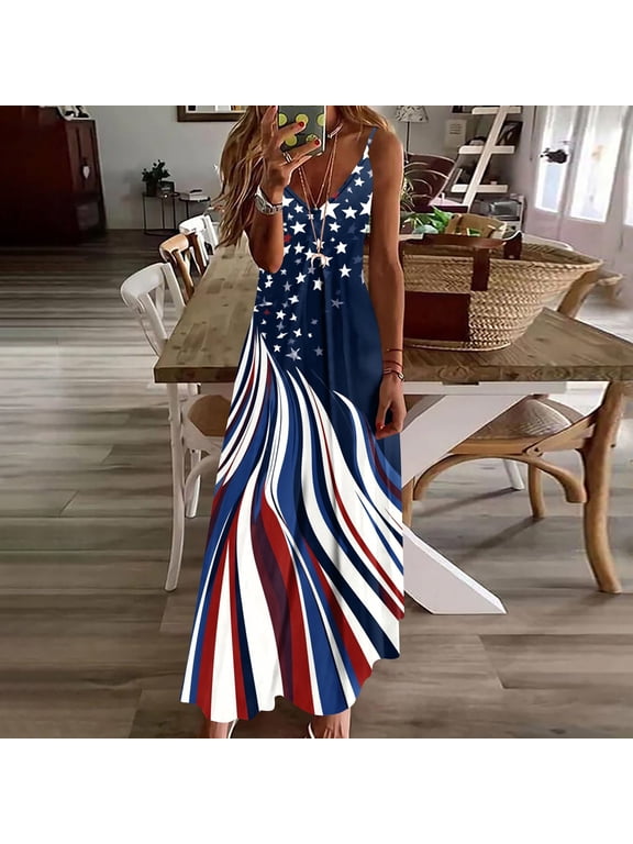 IUYRTFE Women's Sleeveless Crew Neck Patriotic Print Maxi Dress American Flag Striped Star Long Summer Gown