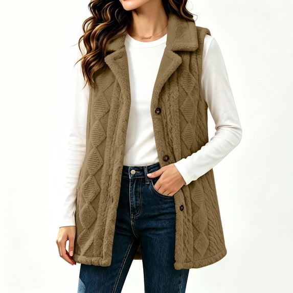 IUYRTFE Women's Sleeveless Faux Fur Vest with Lapel Collar and Button Front Mid Length Plush Cardigan Jacket with Pockets