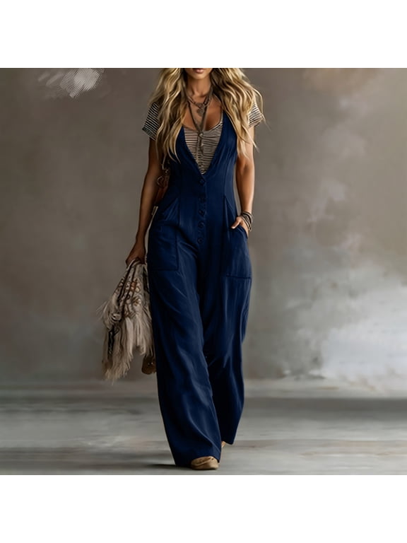 IUYRTFE Women's Sleeveless V-Neck Loose Fit Jumpsuit with Two Side Pockets Casual Wide Leg One Piece Romper