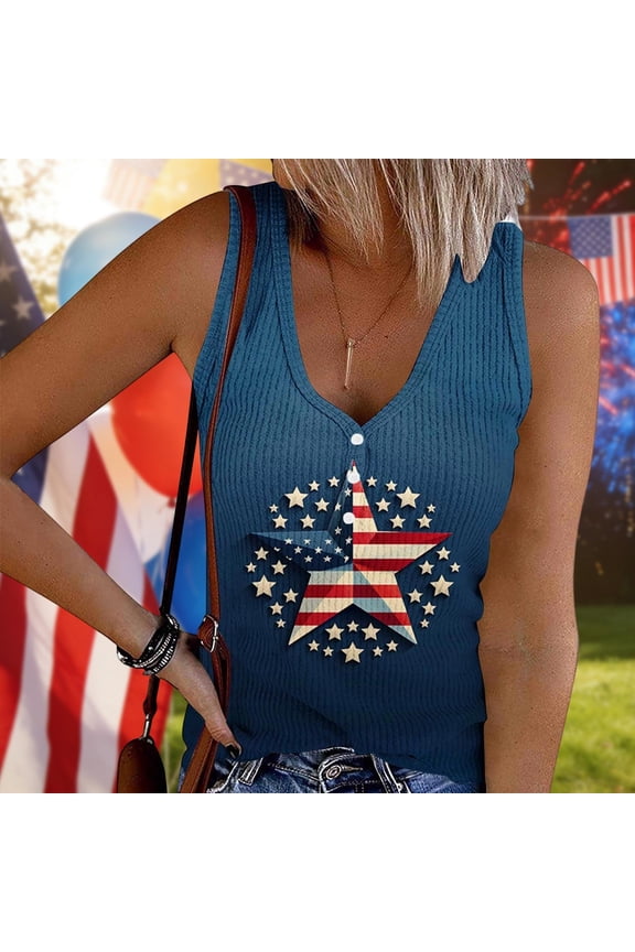 Women's Sleeveless V Neck Patriotic Star Print Ribbed Tank Top Button Front Summer Casual Top