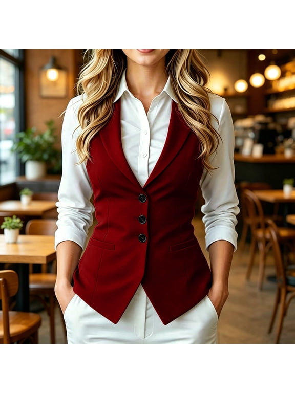 Women's Slim Fit V-Neck Suit Vest Button Down Casual Waistcoat for Office Work and Daily Wear