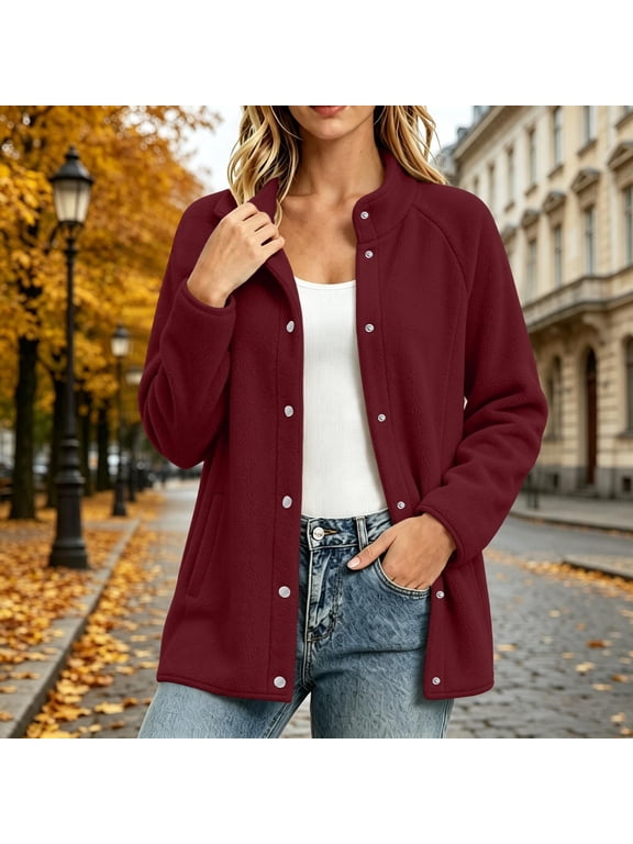 Women's Snap Button Fleece Jacket Stand Collar Long Sleeve Casual Winter Coat with Pockets