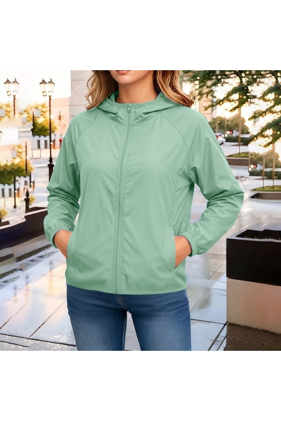 Women's Solid Color Full Zip Hooded Sun Protection Jacket, Lightweight Packable Raglan Sleeve Elastic Cuff Outdoor Casual Coat With Side Pockets