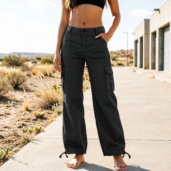 IUYRTFE Women's Straight Leg Cargo Pants with Multiple Pockets and Adjustable Drawstring Hem Casual Utility Trousers