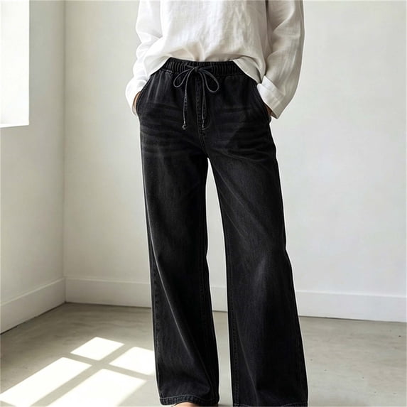 IUYRTFE Women's Straight Leg Denim Jeans with Drawstring Elastic Waist and Pockets Casual Relaxed Fit Long Pants