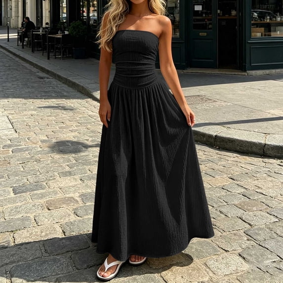 IUYRTFE Women's Strapless Ruched Waist Maxi Dress Solid Color A Line Long Casual Summer Gown