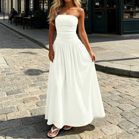 IUYRTFE Women's Strapless Ruched Waist Maxi Dress Solid Color A Line Long Casual Summer Gown