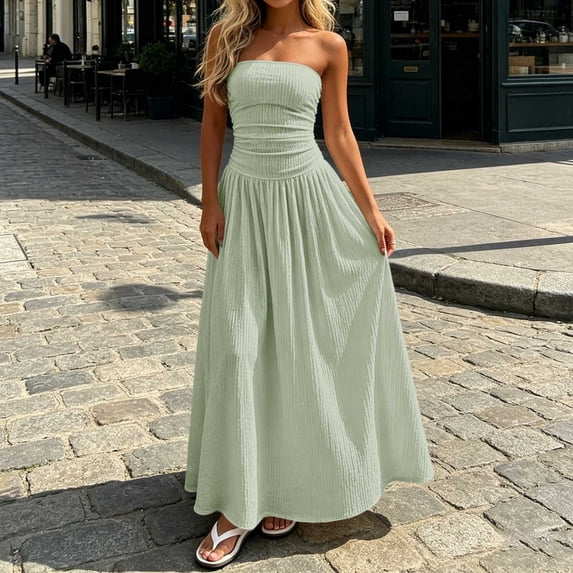 IUYRTFE Women's Strapless Ruched Waist Maxi Dress Solid Color A Line Long Casual Summer Gown