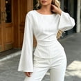 thumbnail image 1 of IUYRTFE Women's Striped Bell Sleeve Blouse Crew Neck Slim Fit Waisted Casual Fall Top, 1 of 7