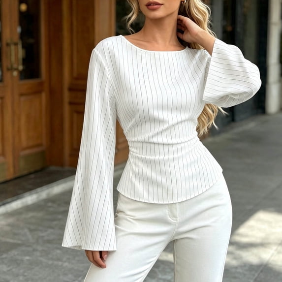 IUYRTFE Women's Striped Bell Sleeve Blouse Crew Neck Slim Fit Waisted Casual Fall Top