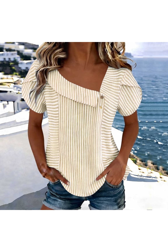 Women's Striped Blouse Asymmetric Neck Puff Short Sleeve Casual Summer Wear(Khaki,M)