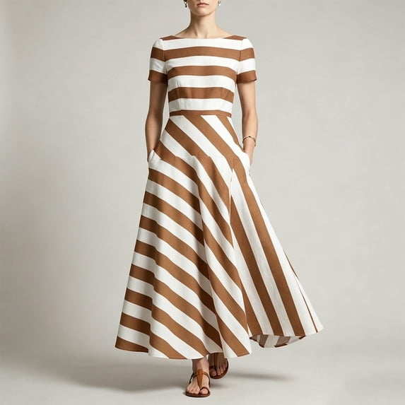 IUYRTFE Women's Striped Short Sleeve Maxi Dress with Pockets Color Block A-Line Summer Long Dress