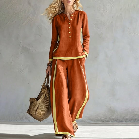 IUYRTFE Women's Striped Wide Leg Pants Set Button Front Long Sleeve Top Casual Lounge Outfit