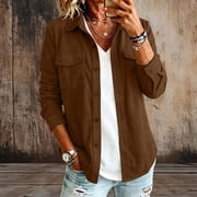 IUYRTFE Womens Suede Button Down Shirt Long Sleeve Lapel Collar Dual Pocket Casual Solid Color Top
