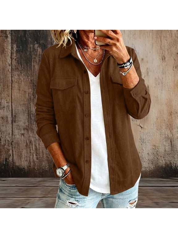 Women's Suede Button Down Shirt Long Sleeve Lapel Collar Dual Pocket Casual Solid Color Top