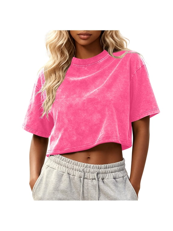 IUYRTFE Women's Summer Acid Wash Crop Tee Short Sleeve Crew Neck Oversized Loose Fit Casual Y2K Lounge Top